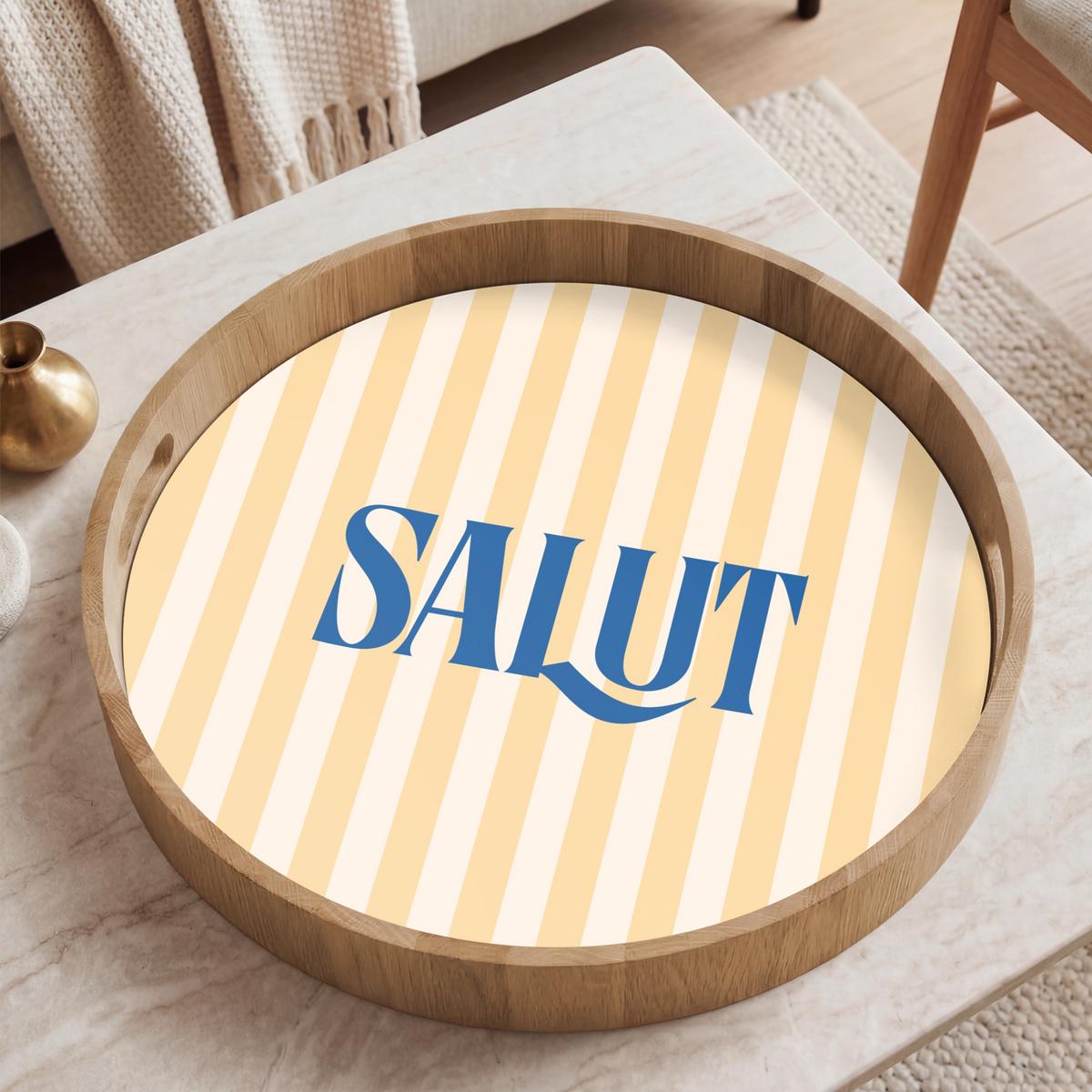 TABLETT Salut - Zitat - Streifen - Gelb - Blau - Weiß 50x50 cm - Beige, Holz (50/5/5cm) - OnlyWow