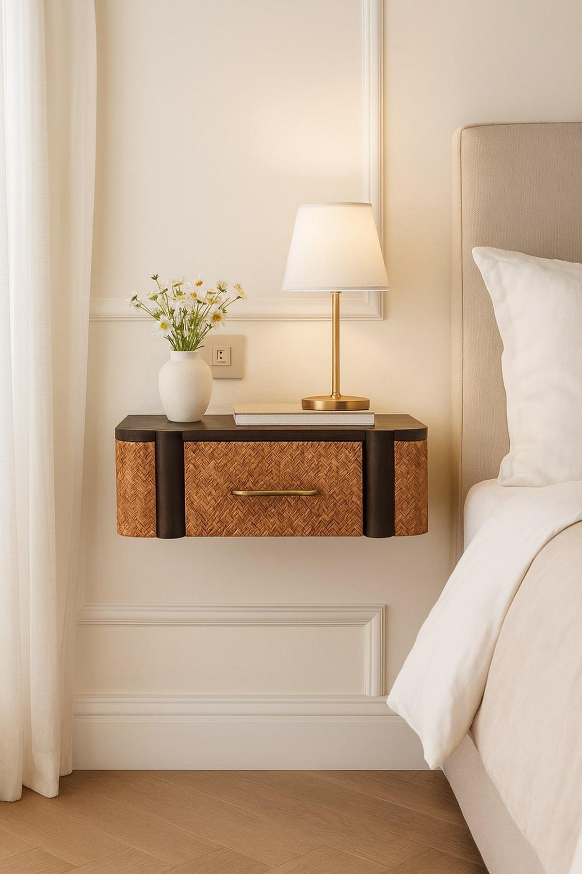 NACHTKASTEN Rattan Geschwungen Wandmontiert, 1 Schublade, Braun - Hellbraun/Messingfarben, Holz/Metall (50/18/32cm) - Artisan Furniture