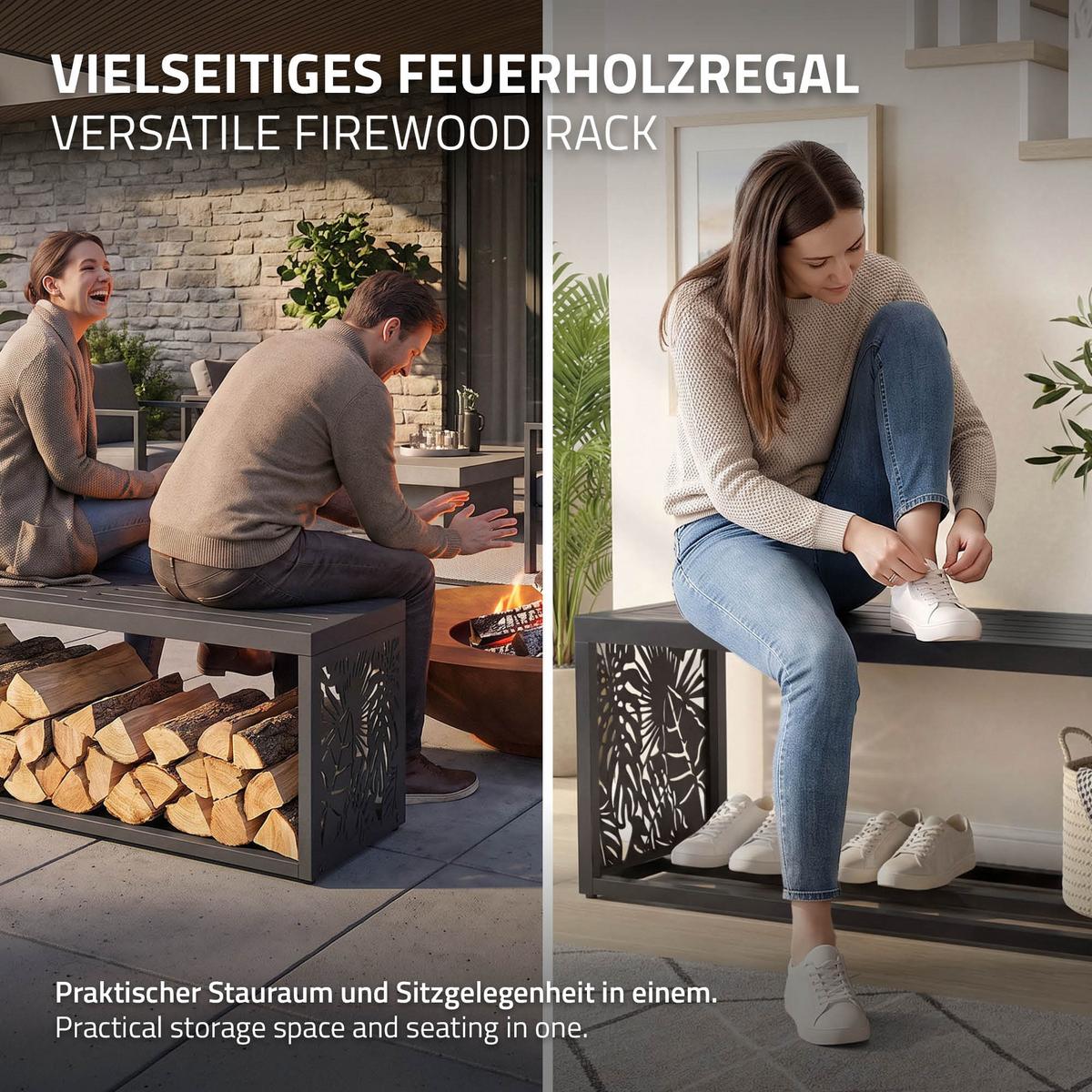 KAMINHOLZREGAL Innen/Aussen mit Sitzbank Metall Brennholzregal Anthrazit 120x38x43 cm Stahl Verzinkt Blätter-Motiv - Anthrazit, Metall (120/43/38cm) - ML-DESIGN