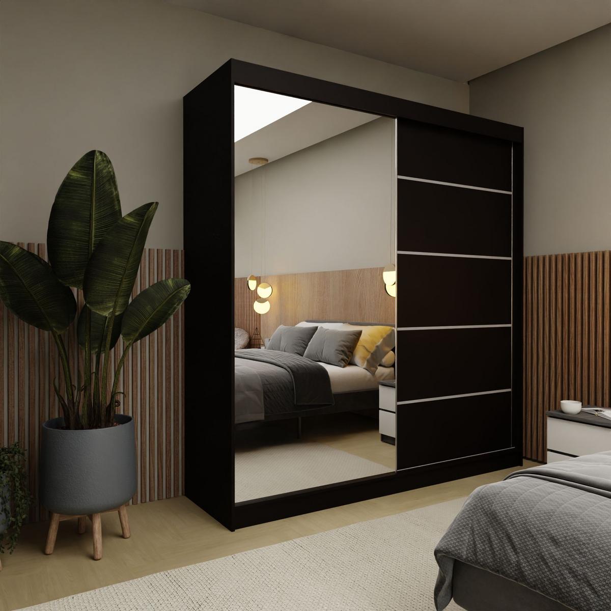 SCHWEBETÜRENSCHRANK MIRELLA 200/216/61 cm 2-türig mit Spiegel Schwarz - Schwarz, Holzwerkstoff (200/216/61cm) - MASSENO