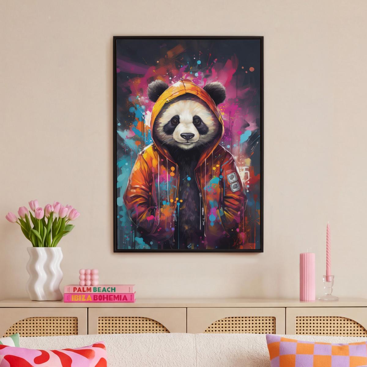 LEINWAND Bilder mit Rahmen - Panda - Jacke - Graffiti - Orange - 60x90 - Orange, Textil (60/90cm) - MuchoWow