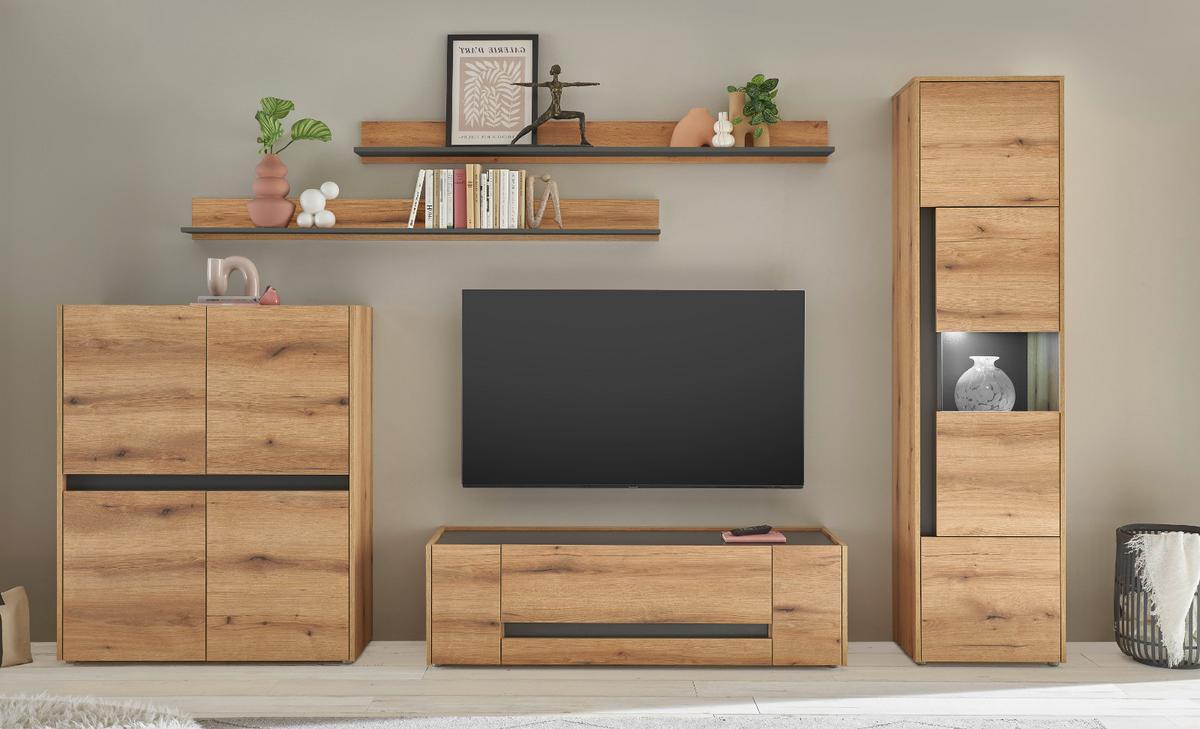 WOHNWAND Evoke Eiche, grau, Schrankwand Set 5-teilig Breite 350 cm - Eichefarben/Grau, Glas/Holz (350/197/45cm) - Furn.Design