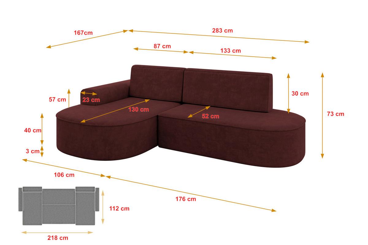 ECKSOFA mit Schlaffunktion und Bettkasten Ottomane Links MARI-L1-S - 283x167x73 cm Bordeauxrot Velours - Bordeaux/Schwarz, Holzwerkstoff/Kunststoff (283/167cm) - ALTDECOR