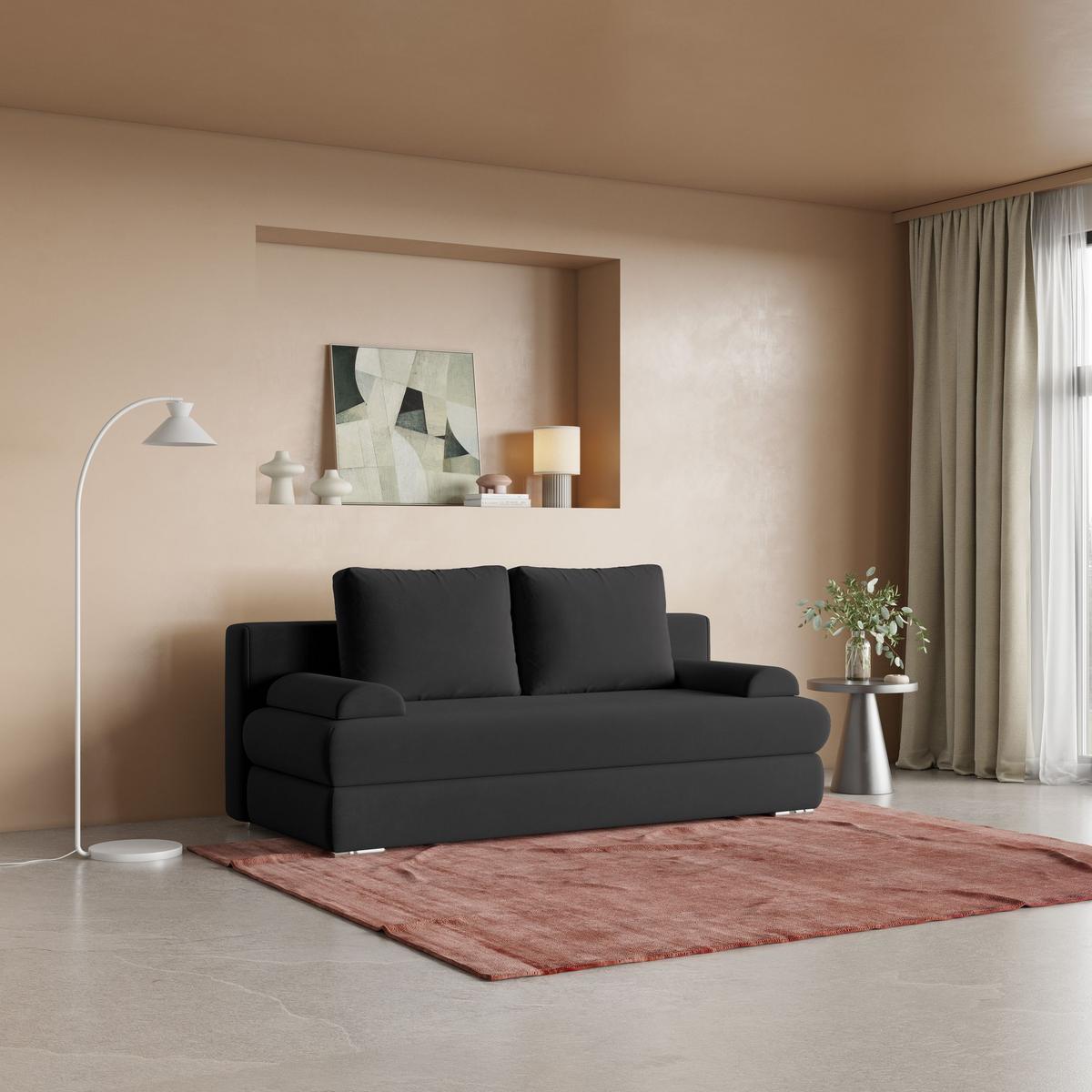 SCHLAFSOFA ASPERO Schwarz Plüsch-Stoff mit Schlaffunktion - Schwarz, Holz (200/95/75cm) - MASSENO