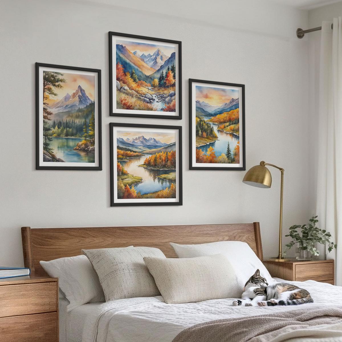 BILDER SET 4er Set - 50x50 cm & 40x60 cm Schwarzer Rahmen - Berglandschaften mit einem Fluss - Schwarz, Kunststoff (50/50cm) - TULUP