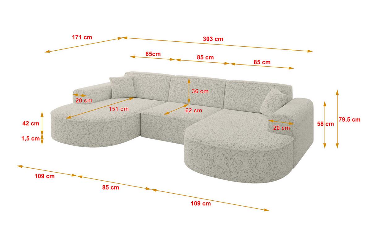 WOHNLANDSCHAFT MARI-U1 - 303x171x79 cm Hellgrau Tissu - Hellgrau/Schwarz, Holzwerkstoff/Kunststoff (303/79/171cm) - ALTDECOR