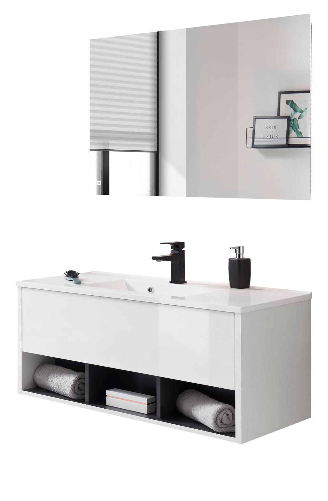 BADMÖBEL-SET weiß Hochglanz, grau 100 cm 2-teilig mit Waschbecken und LED Beleuchtung - Weiß Hochglanz/Grau, Glas/Holzwerkstoff (100/190/190cm) - Furn.Design
