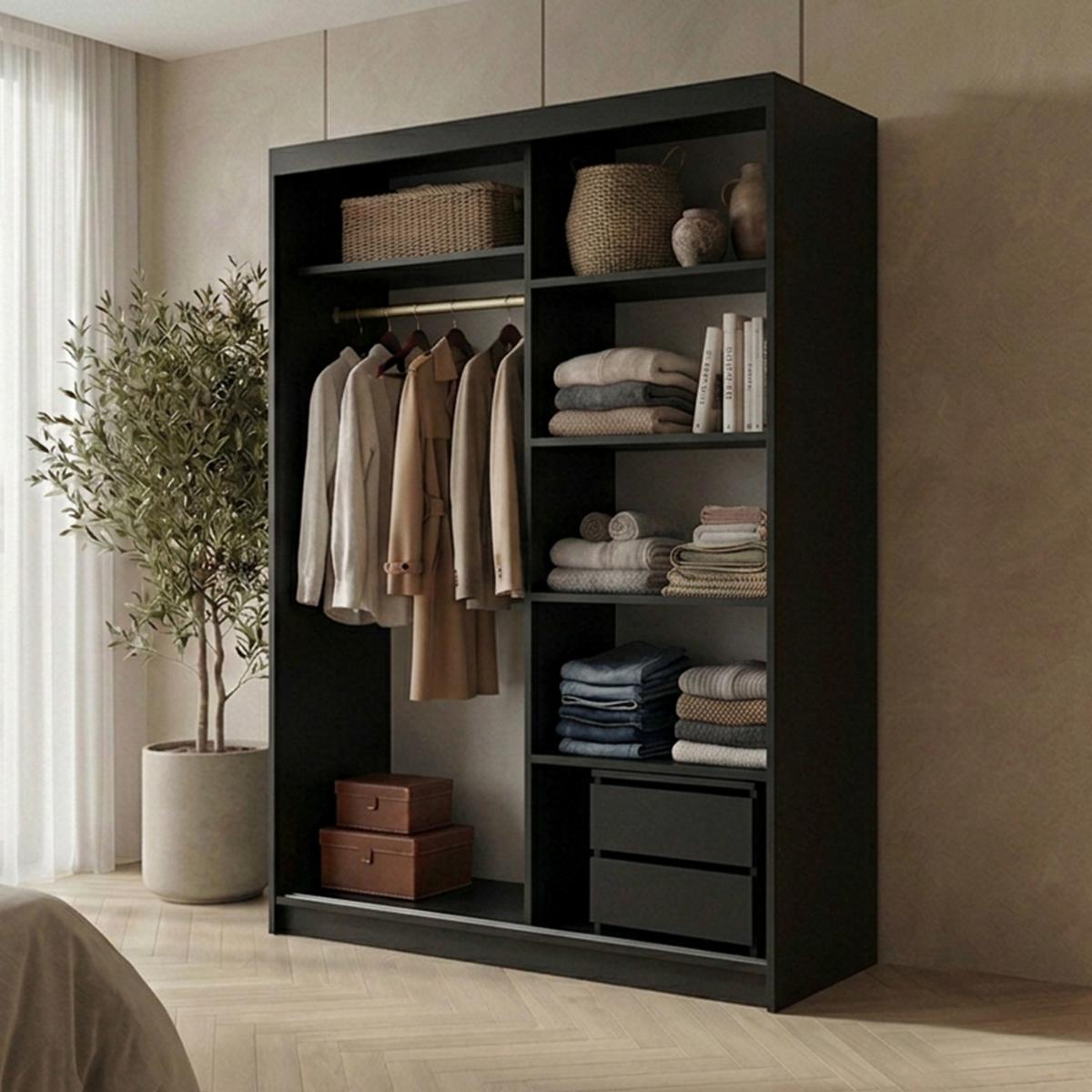 SCHWEBETÜRENSCHRANK Hela mit 2 Türen und Schubkasteneinsatz, 120 cm, Schwarz - Schwarz, Holzwerkstoff (120/205/60cm) - Beautysofa