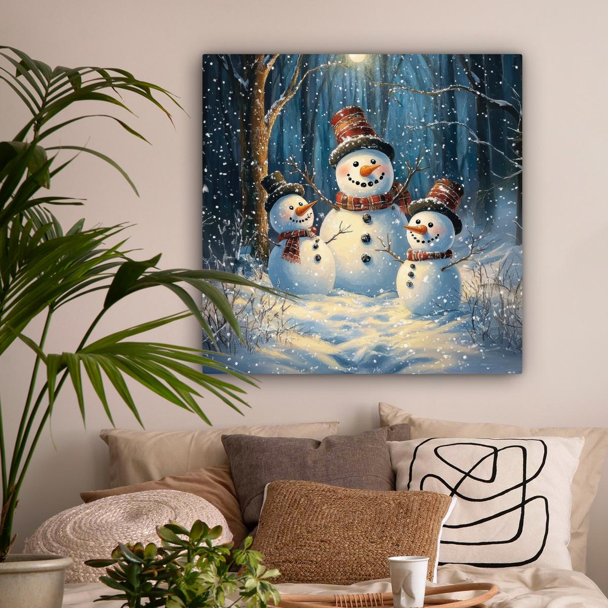 LEINWANDBILD Schneemann - Schnee - Winter - Wald Deko Groß 90x90 cm - Hellblau, Textil (90/90cm) - MuchoWow
