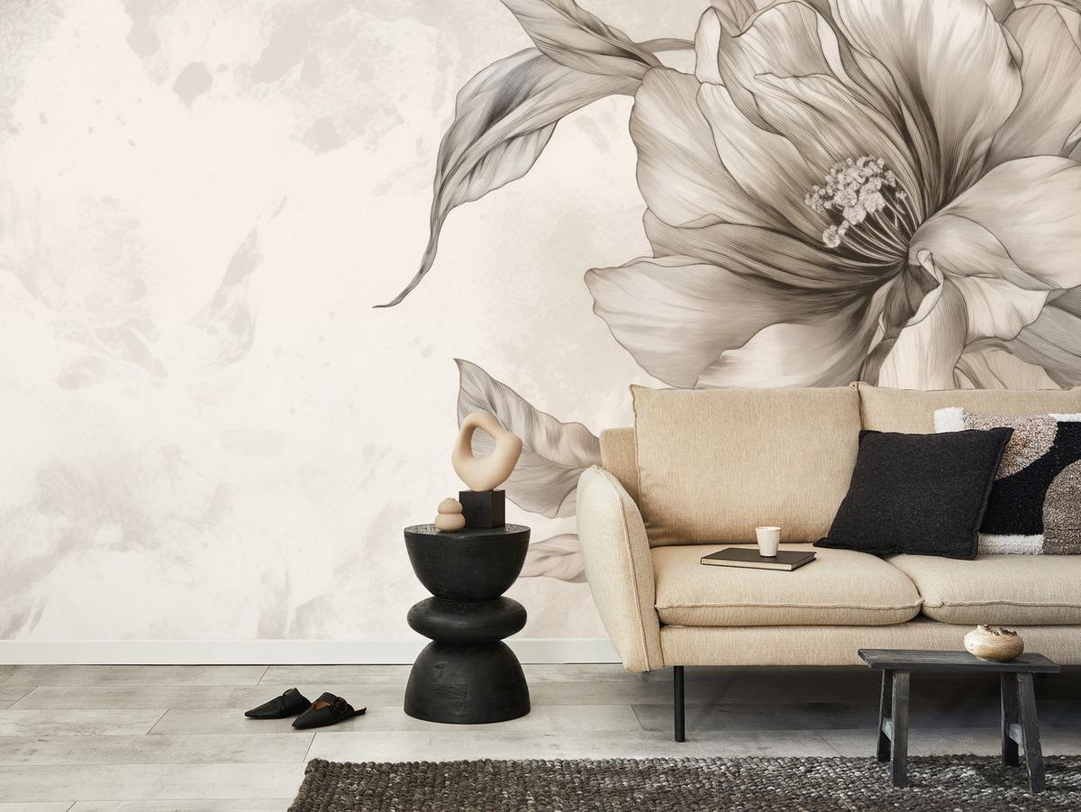 FOTOTAPETE für Schlafzimmer Zarte Beige Blumen Minimalismus Modern 500x350 - Beige, Papier (500/350cm) - Muralo