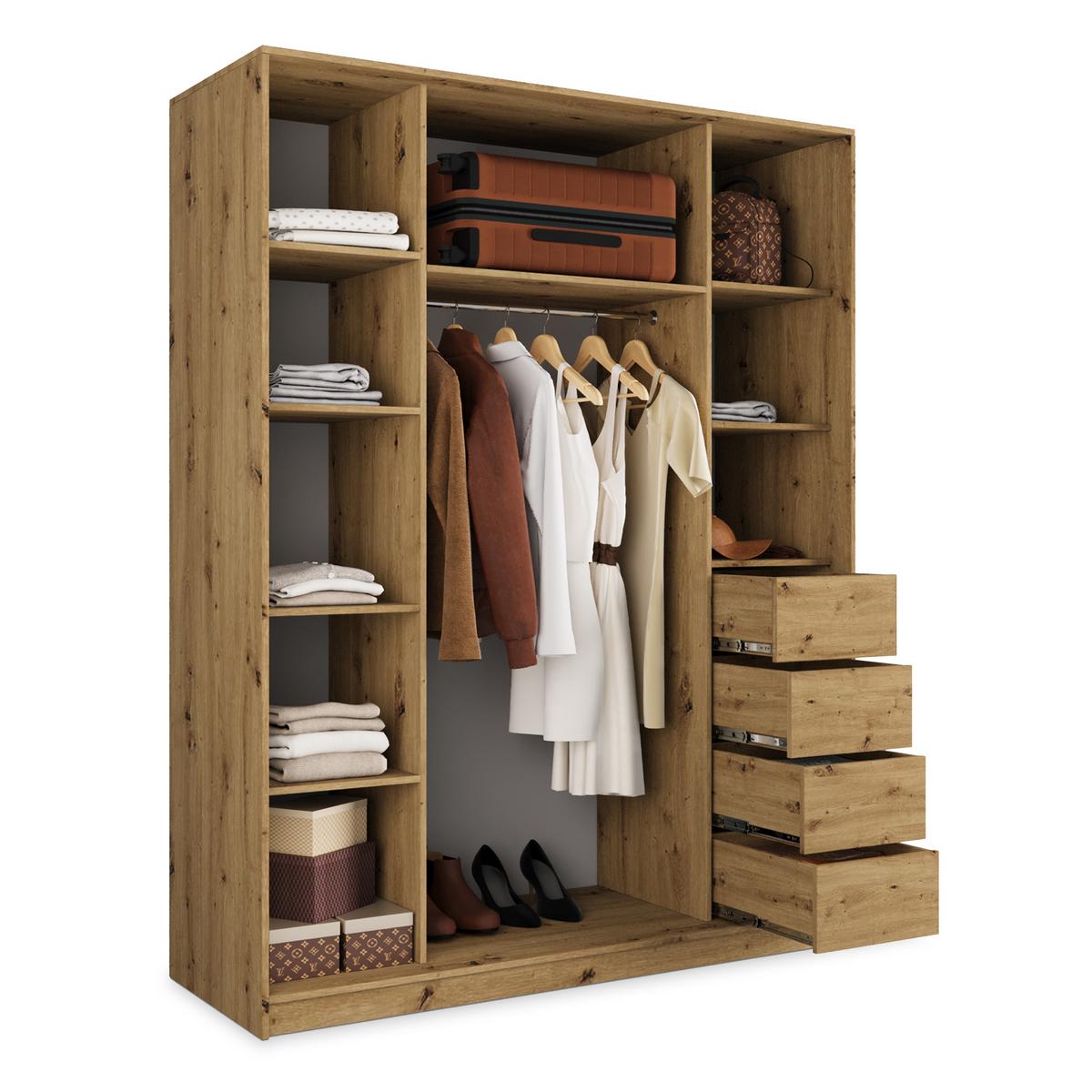 SCHWEBETÜRENSCHRANK TARI 160/205/58 cm 3-türig mit Spiegel und 4 Schubladen Eiche Artisan - Eiche Artisan, Holzwerkstoff (160/205/58cm) - MASSENO