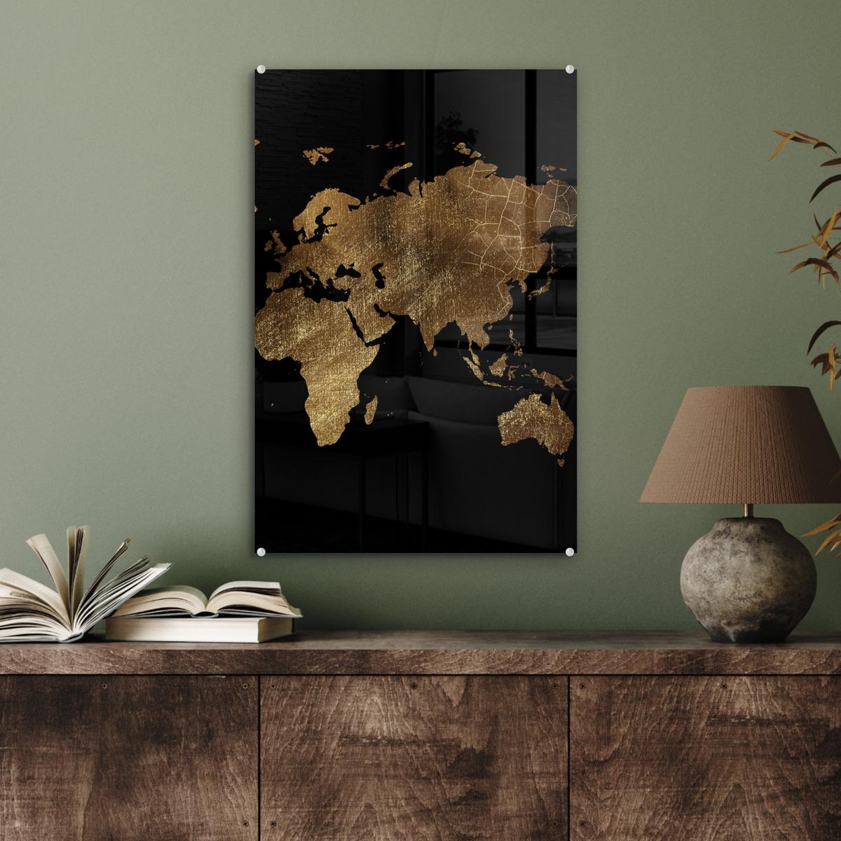 ACRYLGLASBILD Weltkarte - Gold - Luxus - Erde - Schwarz Wanddeko Wohnzimmer 40x60 cm - Goldfarben, Glas (40/60cm) - MuchoWow