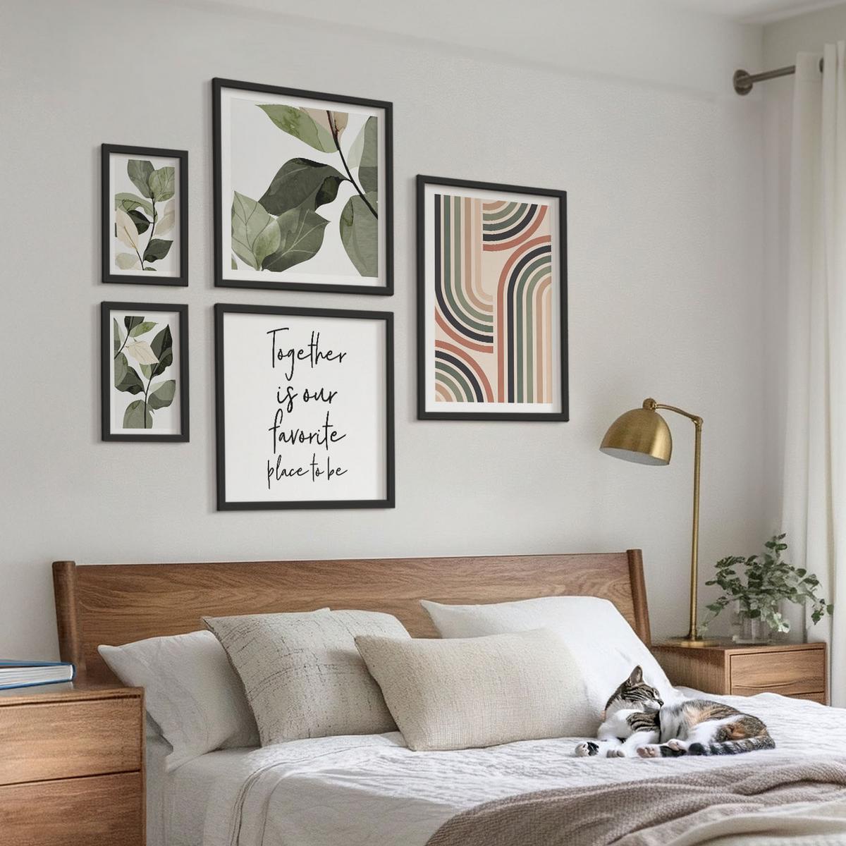 BILDER SET 5er Set - 50x50 cm & 20x30 cm & 40x60 cm Schwarzer Rahmen - Geometrische Pflanzenmotive - Schwarz, Kunststoff (40/60cm) - TULUP