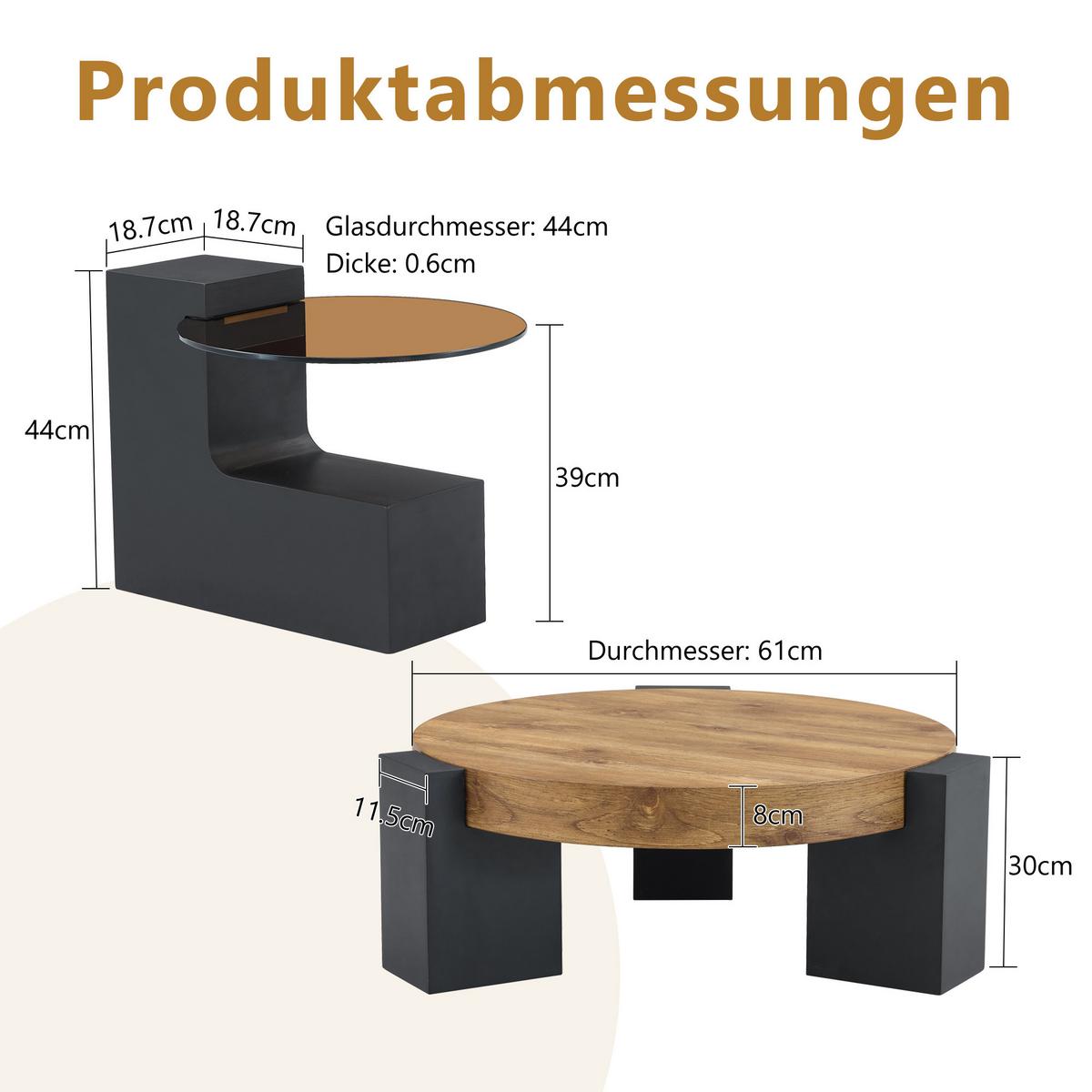 COUCHTISCH set glas holzoptik zerlegbar flexibel - Eichefarben, Holzwerkstoff (61/61/44cm) - Urban Meuble