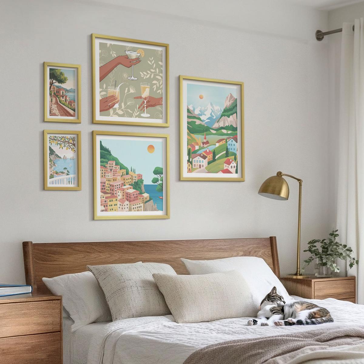 BILDER SET 5er Set - 50x50 cm & 20x30 cm & 40x60 cm Goldrahmen - Meereslandschaften, Zitrusfrüchte - Goldfarben, Kunststoff (40/60cm) - TULUP