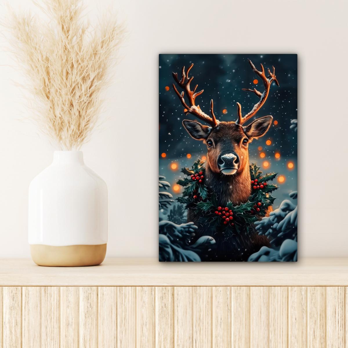 LEINWANDBILD Hirsch - Weihnachten - Winter - Schnee - Weihnachtskranz Deko Wohnzimmer 20x30 cm - Dunkelbraun, Textil (20/30cm) - MuchoWow