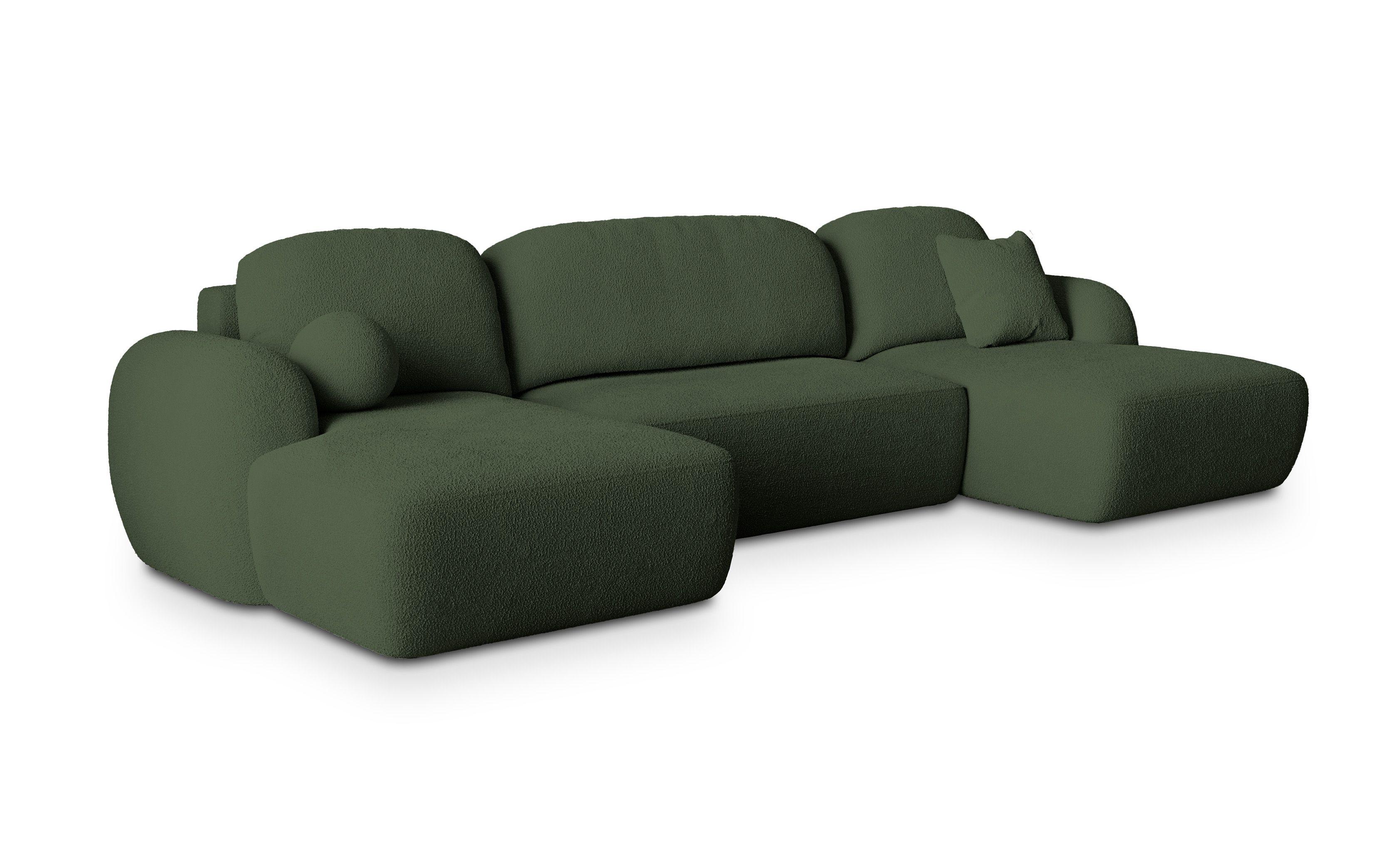 WOHNLANDSCHAFT SAVONA N Grün Boucle-Stoff mit Schlaffunktion - Schwarz/Grün, Holz/Kunststoff (320/90/148cm) - MASSENO