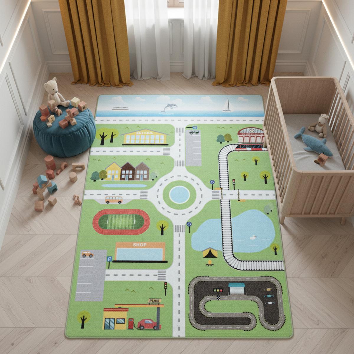 KINDERTEPPICH TRAUN, mit Spielstraßen-Motiv, Grün, 140 x 200 cm - Grün, Textil (200/140cm) - KADIMA DESIGN