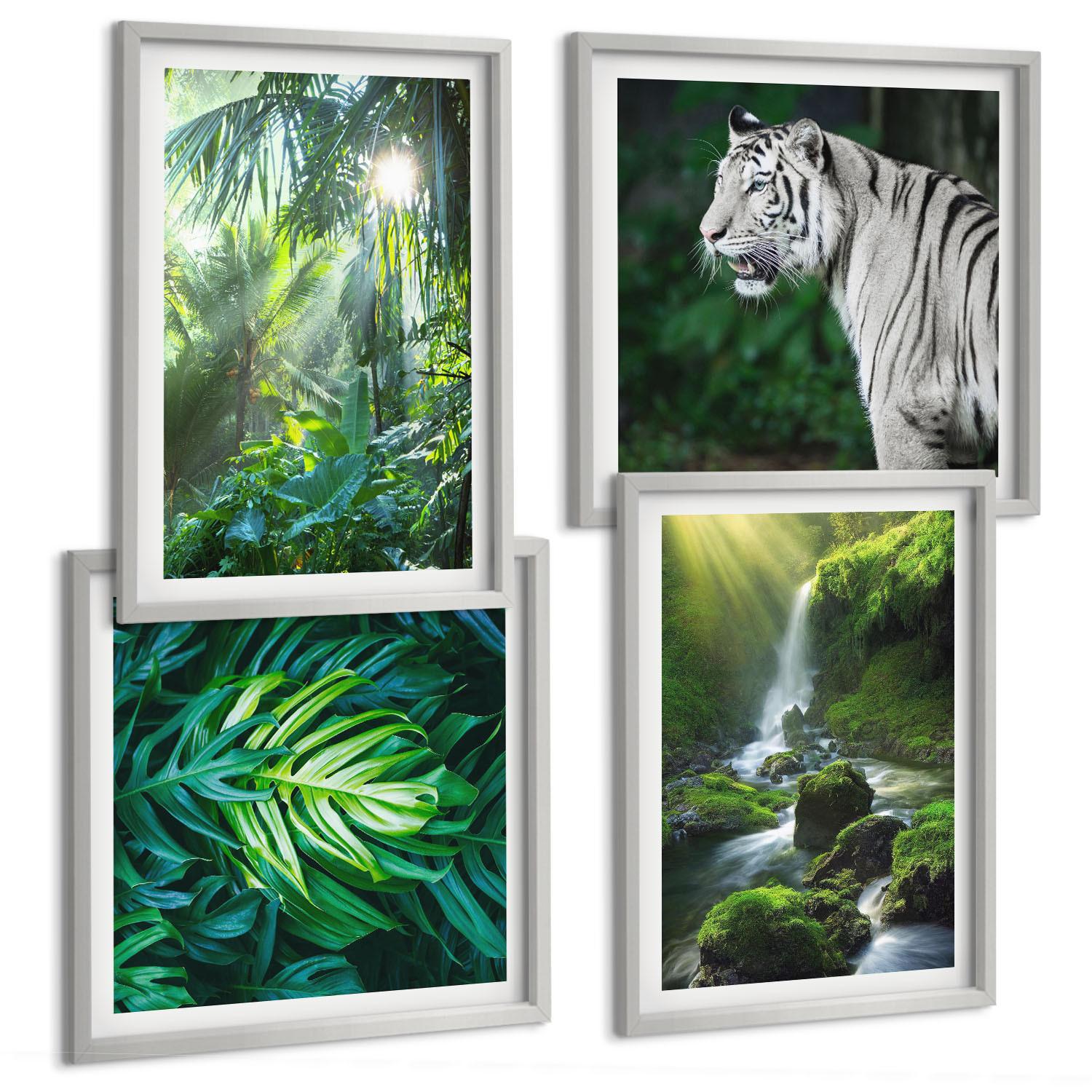 BILDER SET 4er Set - 50x50 cm & 40x60 cm Silberner Rahmen - Dschungel-Weißtiger-Wasserfall - Silberfarben, Kunststoff (50/50cm) - TULUP