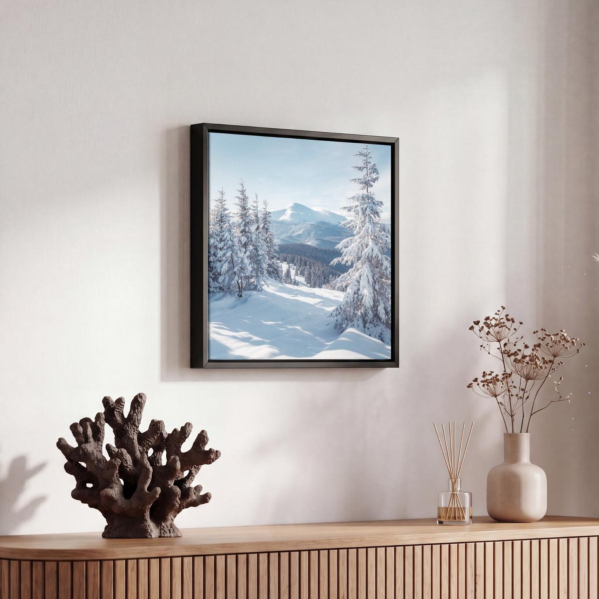 LEINWAND Bilder mit Rahmen - Winterlandschaft - Natur - Berge - Bäume - Schnee - 20x20 - Hellblau, Textil (20/20cm) - MuchoWow