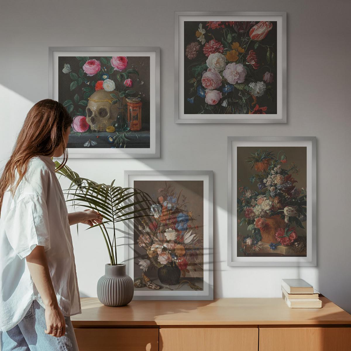 BILDER SET 4er Set - 50x50 cm & 40x60 cm Silberner Rahmen - Blumenarrangements in Vasen - Silberfarben, Kunststoff (50/50cm) - TULUP