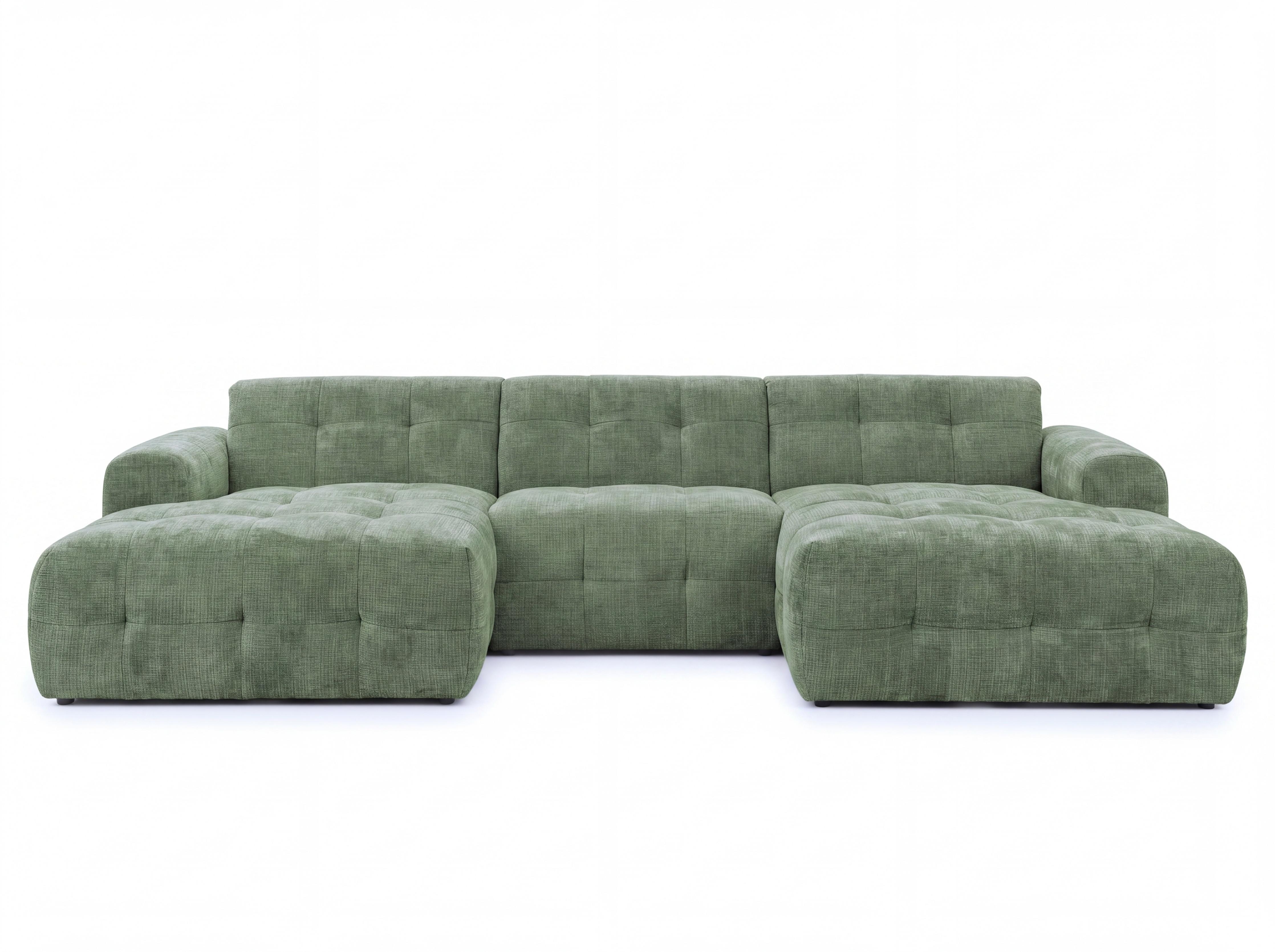 WOHNLANDSCHAFT in U-Form mit raffinierten Steppungen, 6-Sitzer, Wellenunterfederung, B323/T161/H79 cm, Chenille-Bezug in Grün / 21049 - Schwarz/Grün, Kunststoff/Textil (323/79/161cm) - luma-home
