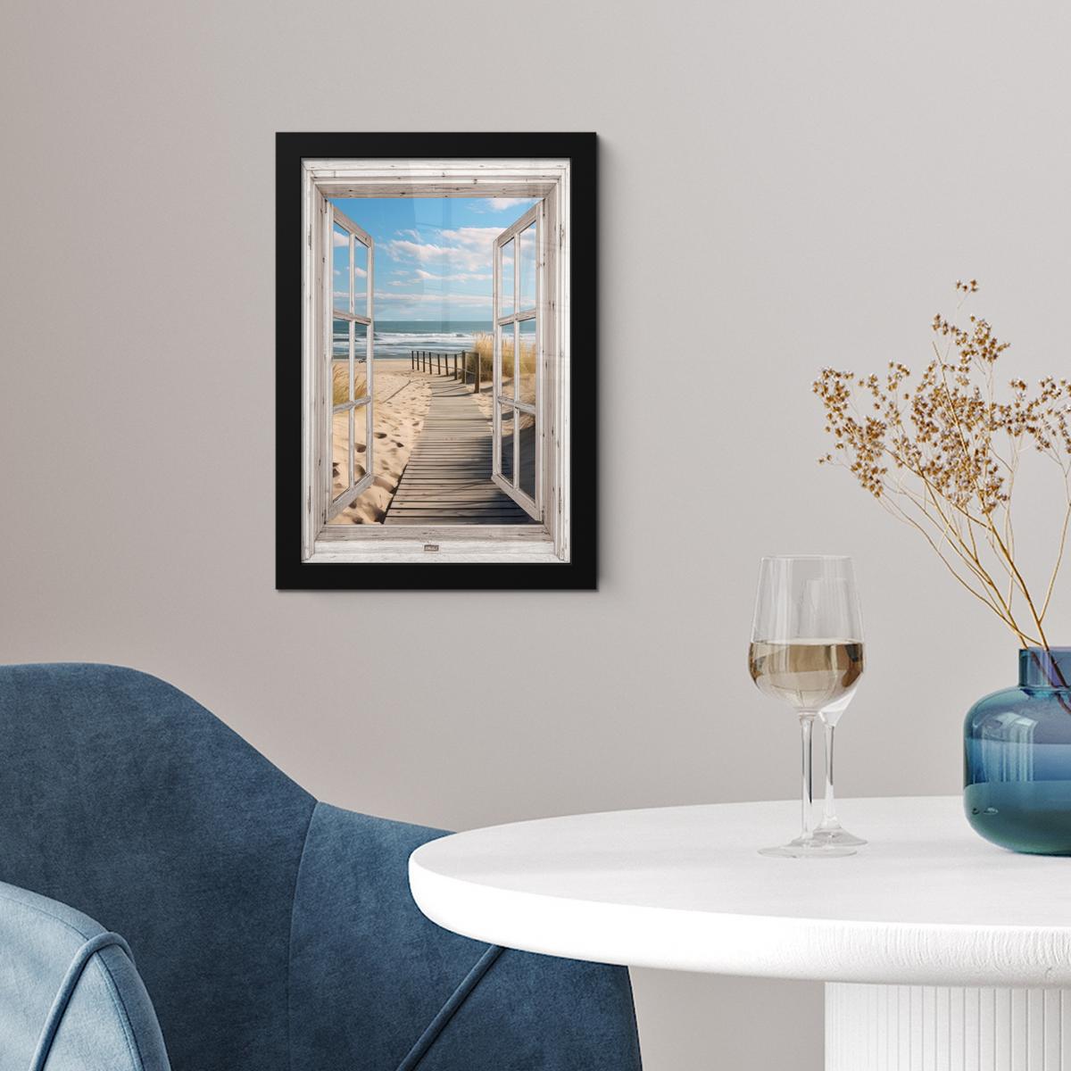 POSTER MIT RAHMEN Fenster - Meer - Küste - Natur - Ausblick - Strand - Wattenmeer Poster 20x30 cm - Beige, Papier (20/30cm) - MuchoWow