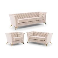 SITZGARNITUR 3+2+1 Chesterfield Whitby Beige Samt mit goldenen Füßen - Beige/Goldfarben, Holz/Textil (237/78/82cm) - S-Style Möbel