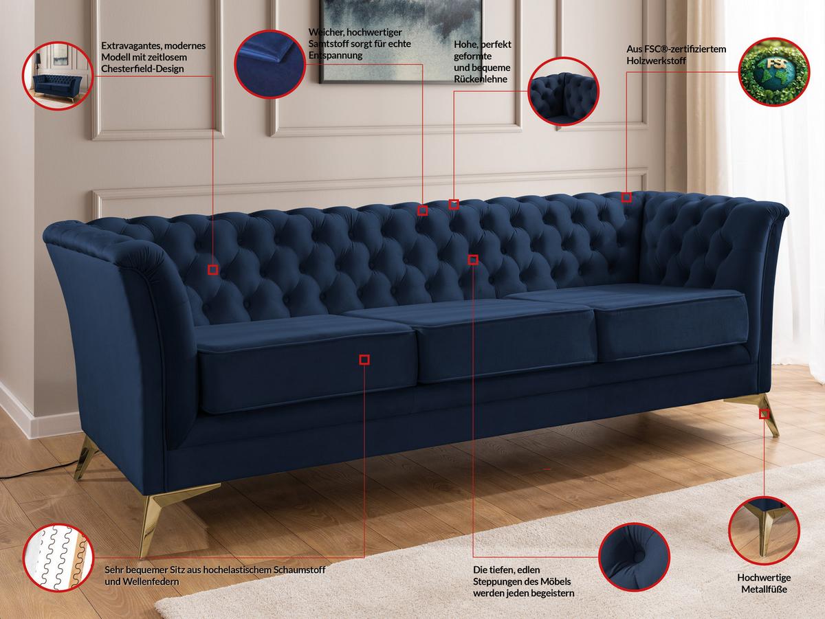 CHESTERFIELD-SOFA 3-sitzer Whitby Marineblau Samt mit goldenen Füßen - Goldfarben/Dunkelblau, Holz/Textil (237/78/82cm) - S-Style Möbel