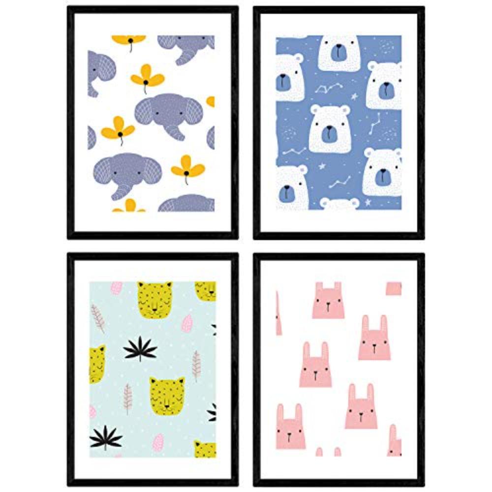 POSTER Set mit 4 Tiere bebe A3 Schwarzer Rahmen - Schwarz, Papier (29.7/3cm) - Nacnic