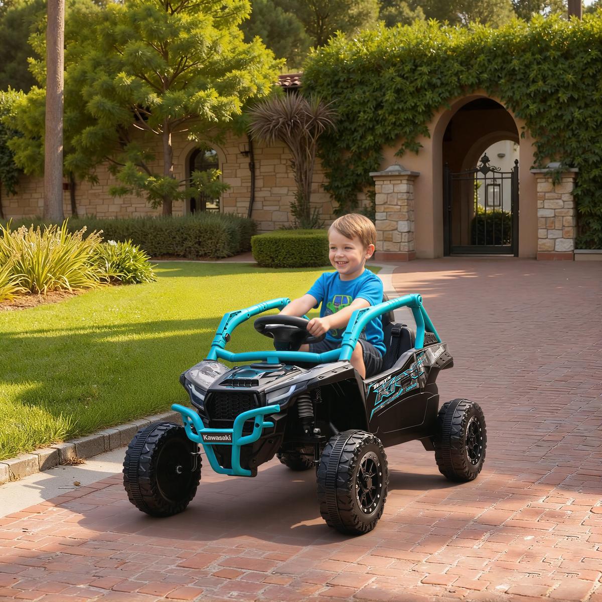 KINDER-ELEKTROAUTO 12V mit 2 Motoren Fernbedienung und LED-Leuchten - Blau, Kunststoff (100/64/56cm) - AIYAPLAY