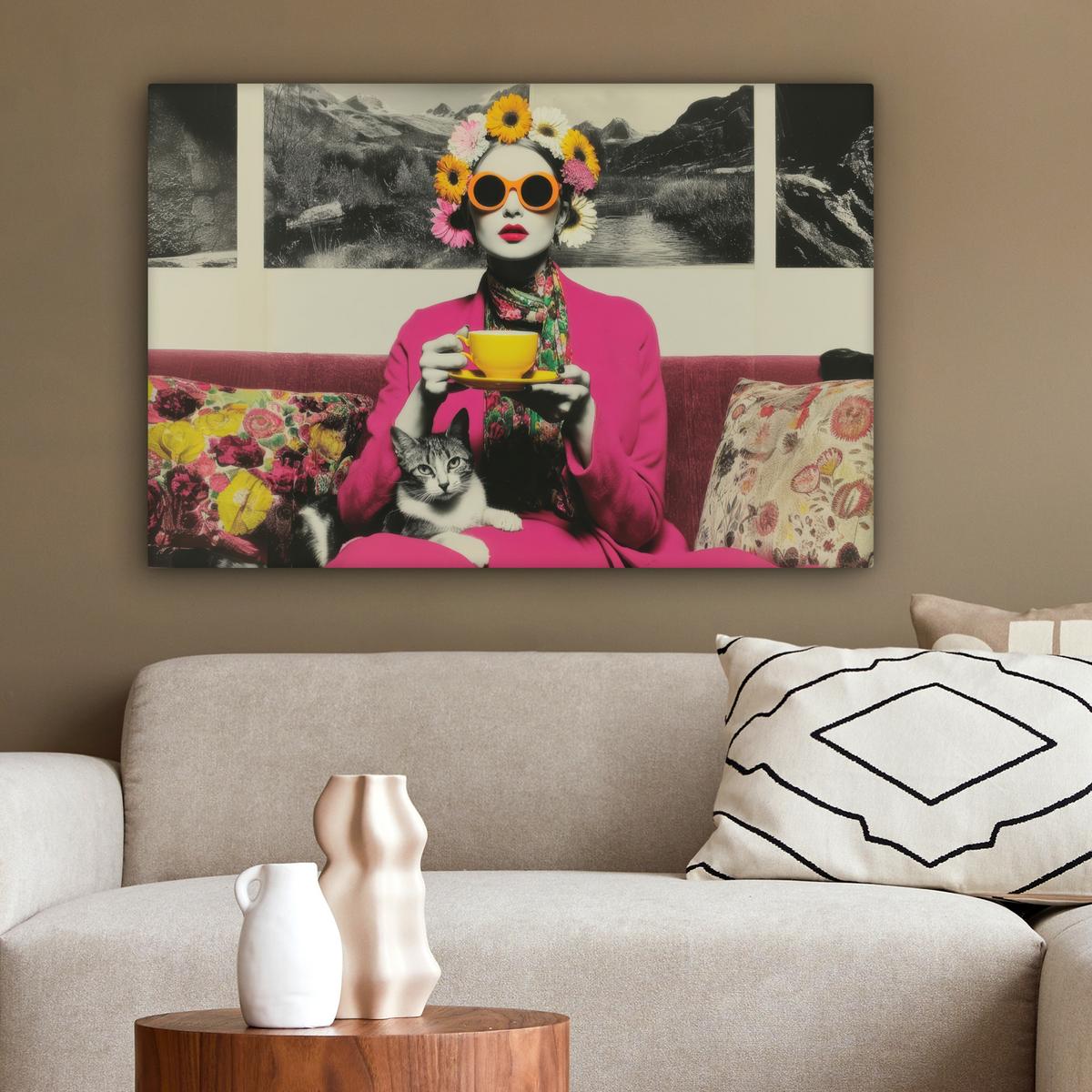 LEINWANDBILD Frau - Katze - Blumen - Tasse - Retro Gemälde 60x40 cm - Magenta, Textil (60/40cm) - MuchoWow