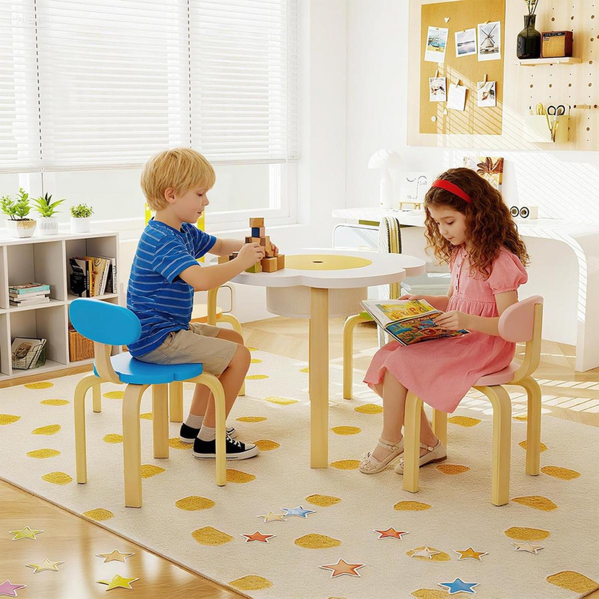 KINDERSCHREIBTISCH-SET Blumenförmig mehrfarbig(5-tlg) - Multicolor, Holzwerkstoff (60/45/60cm) - COSTWAY