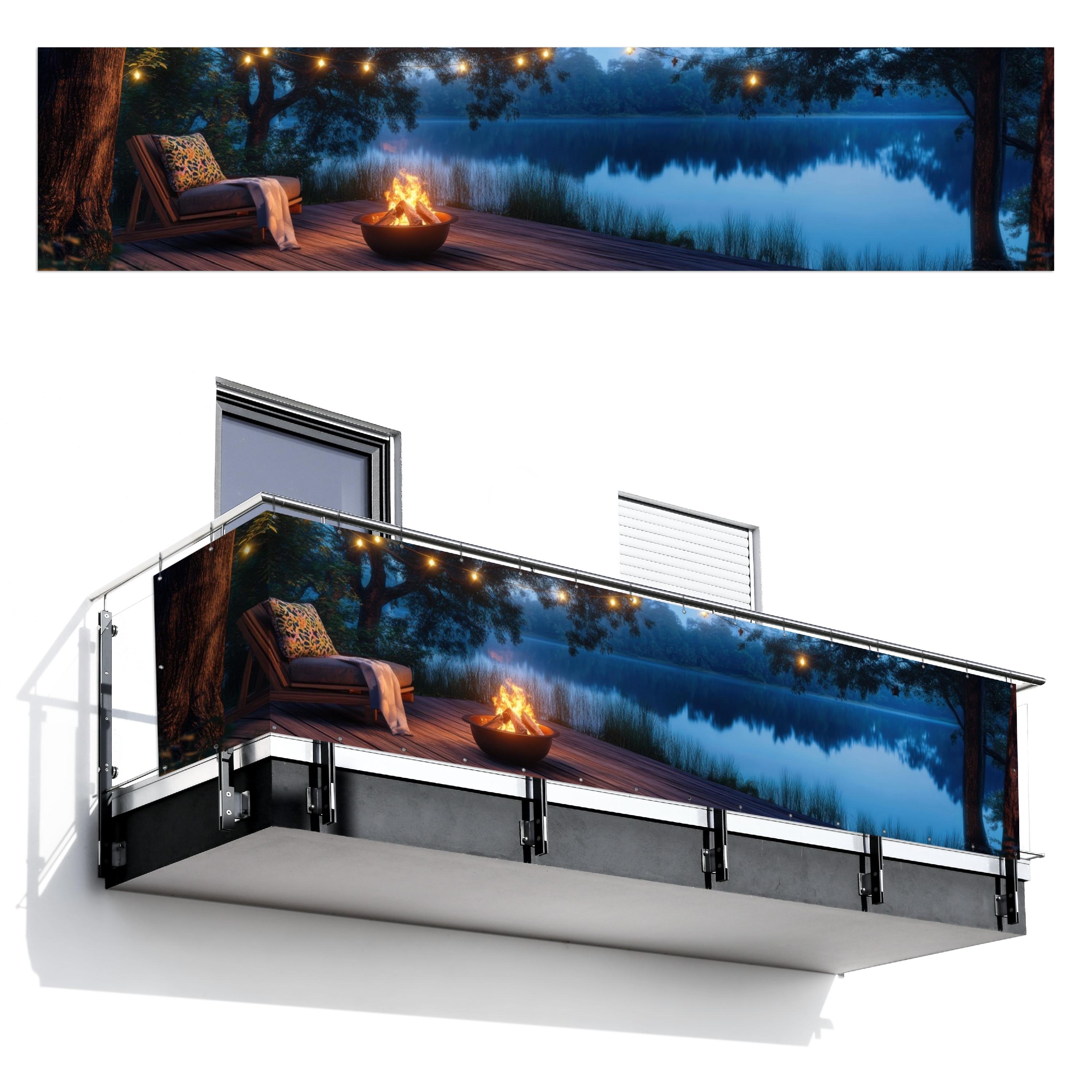 BALKON-SICHTSCHUTZ Lagerfeuer - See - Abendlicht Deko XXL 500x110 cm - Dunkelblau, Kunststoff (500/110cm) - MuchoWow