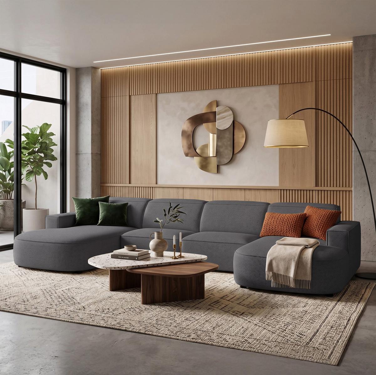 WOHNLANDSCHAFT Sallmo U-Form, universell, 3-Sitzer 374 cm - Dunkelgrau/Schwarz, Kunststoff/Textil (374/70/166cm) - Selsey