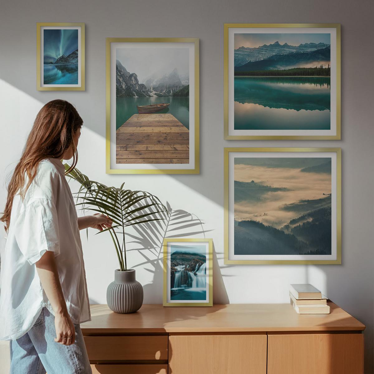 BILDER SET 5er Set - 50x50 cm & 20x30 cm & 40x60 cm Goldrahmen - Abstrakte Monstera-Palmenblätter - Goldfarben, Kunststoff (40/60cm) - TULUP