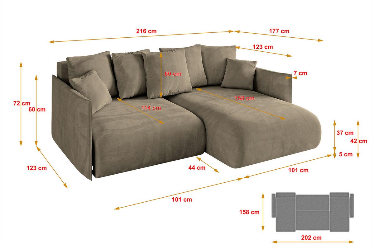 ECKSOFA Ottomane rechts ONESK-L 216x177x72 Braun Velours - Braun, Holzwerkstoff/Kunststoff (177/216cm) - ALTDECOR
