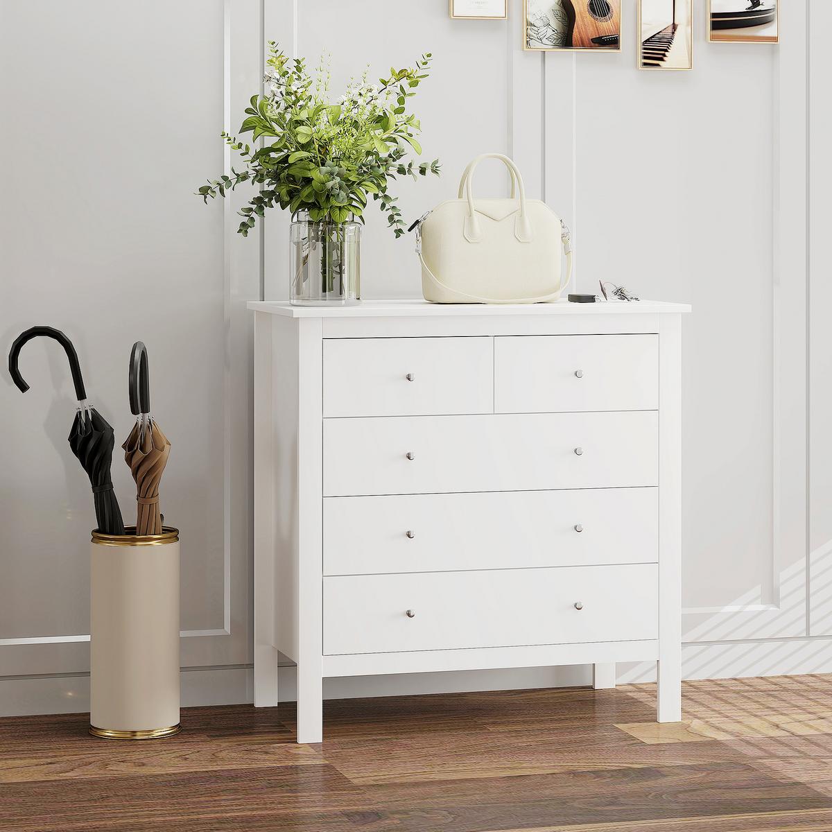 KOMMODE Beistellschrank mit 5 Schubladen Sideboard mit Anti-Kipp-Schutz Weiß - Weiß, Metall (39.5/80.5/79cm) - HOMCOM