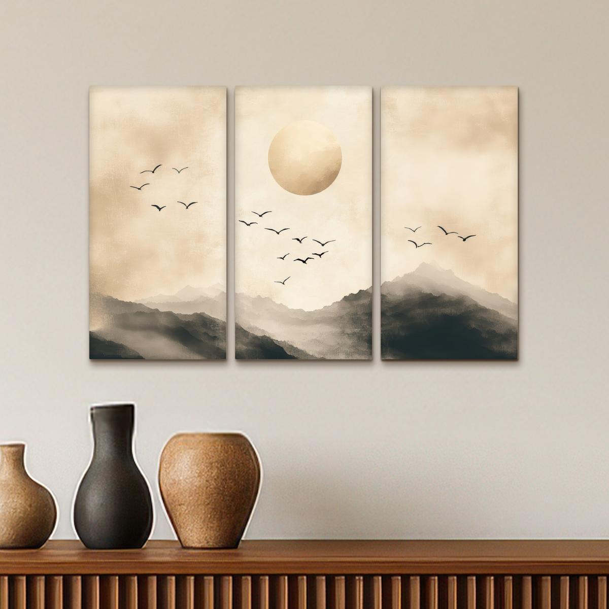 LEINWANDBILD 3er Set Landschaft - Japandi - Beige - Vögel 60x40 cm - Beige, Textil (60/40cm) - MuchoWow