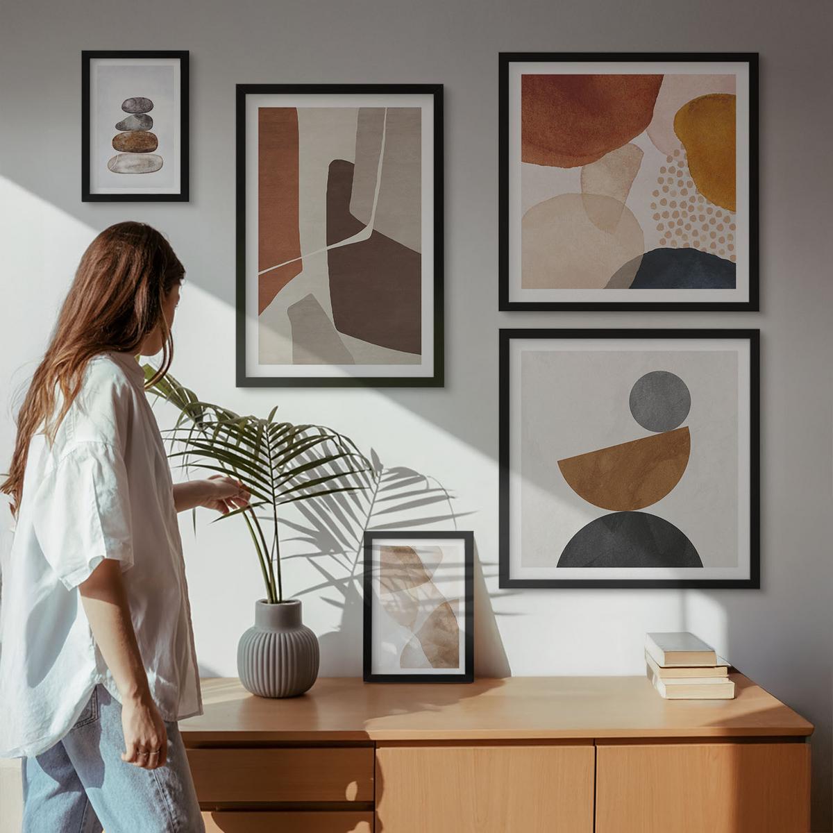 BILDER SET 5er Set - 50x50 cm & 20x30 cm & 40x60 cm Schwarzer Rahmen - Abstrakte Malerei Dekorationen - Schwarz, Kunststoff (40/60cm) - TULUP