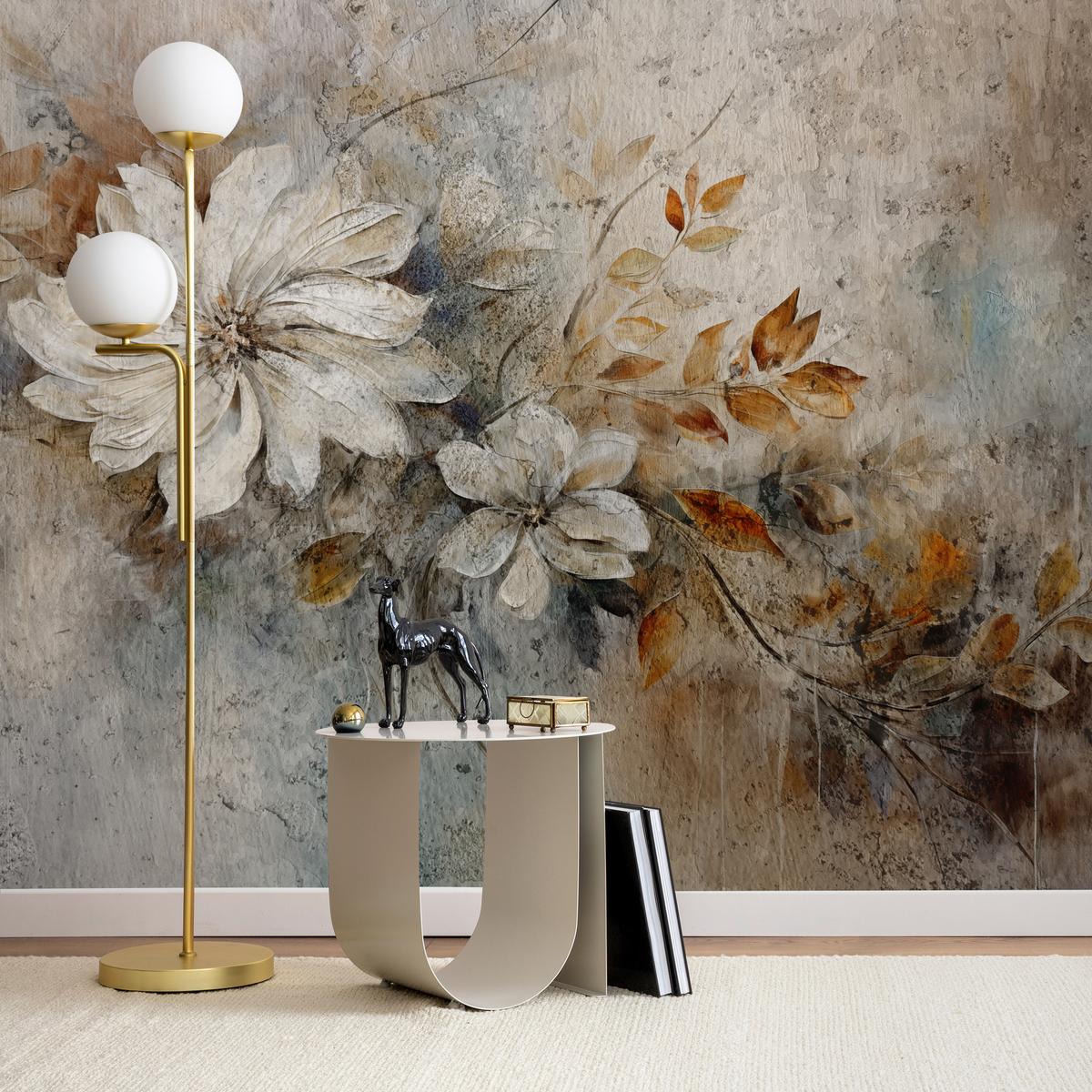 FOTOTAPETE für Wohnzimmer Retroblumen Blätter Beton Abstraktion Pflanzen 100x70 - Multicolor, Papier (100/70cm) - Muralo