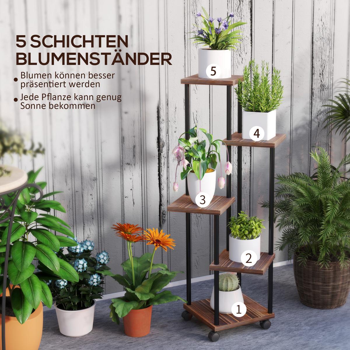 PFLANZENSTÄNDER Stahl Tannenholz Verkohlt - Dunkelbraun, Metall (59/110/59cm) - Outsunny