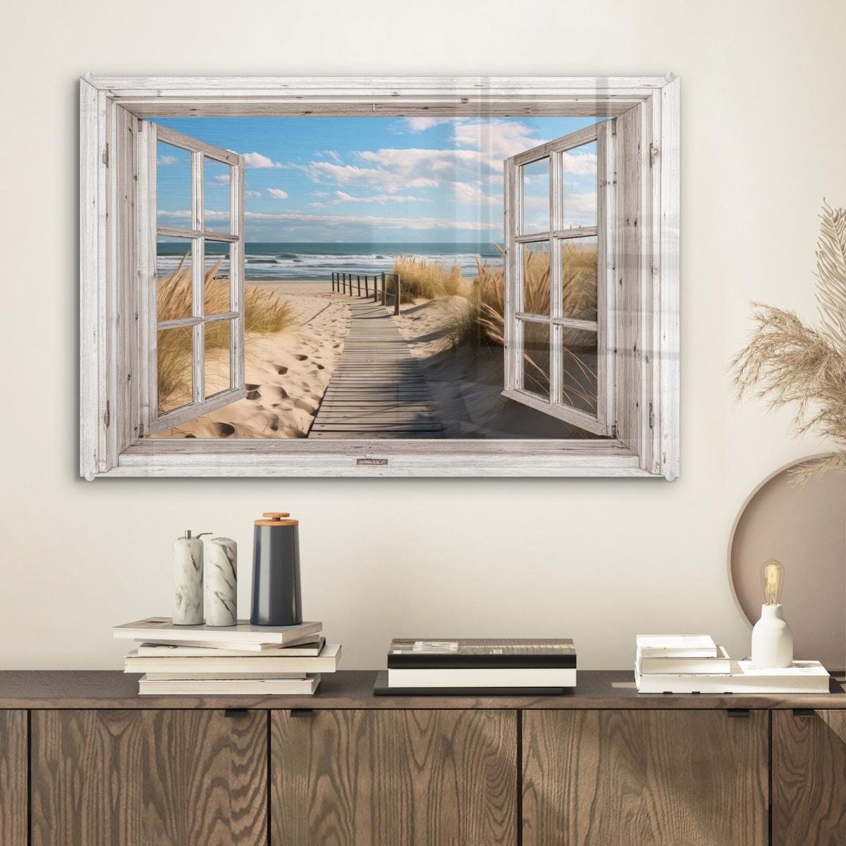 ACRYLGLASBILD Fenster - Meer - Küste - Natur - Ausblick - Strand - Wattenmeer Wanddeko 60x40 cm - Beige, Glas (60/40cm) - MuchoWow