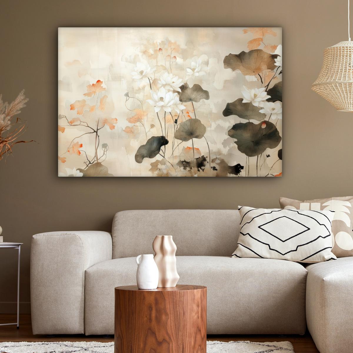 LEINWANDBILD Blumen - Japandi - Wabi sabi Wohnzimmer Groß 120x80 cm - Sandfarben, Textil (120/80cm) - MuchoWow