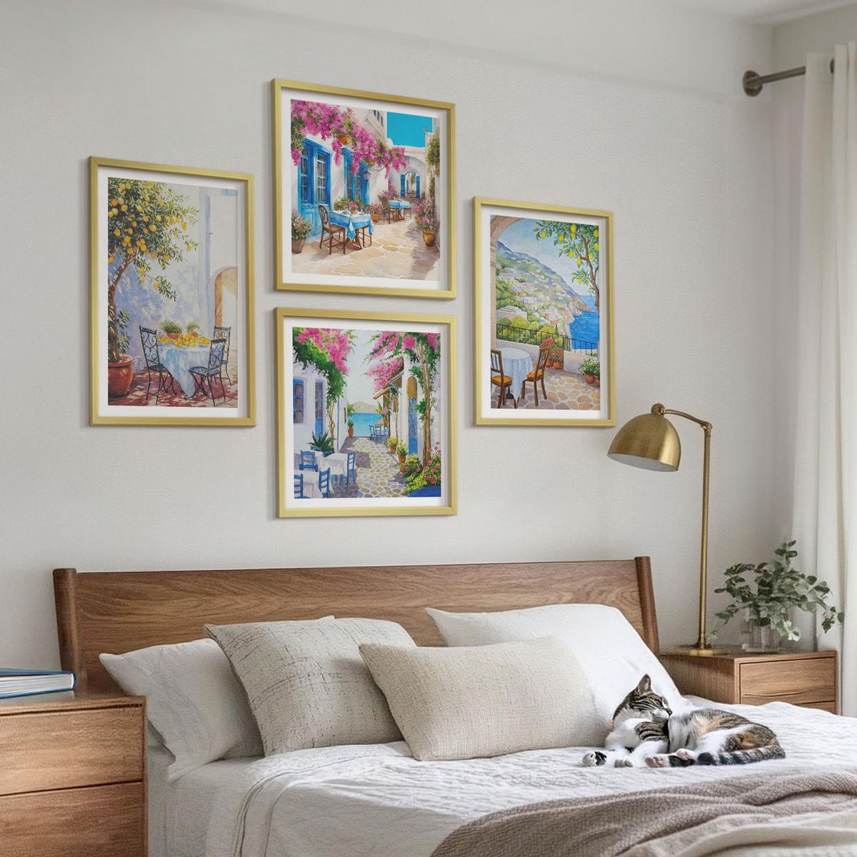 BILDER SET 4er Set - 50x50 cm & 40x60 cm Goldrahmen - Charmante Straßen mit Pflanzen - Goldfarben, Kunststoff (50/50cm) - TULUP