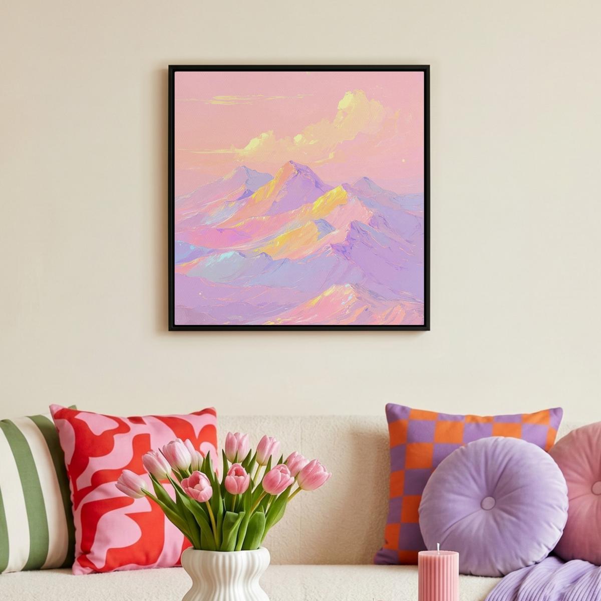 LEINWAND Bilder mit Rahmen - Berggipfel - Wolken - Verträumt - 50x50 - Hellrosa, Textil (50/50cm) - MuchoWow