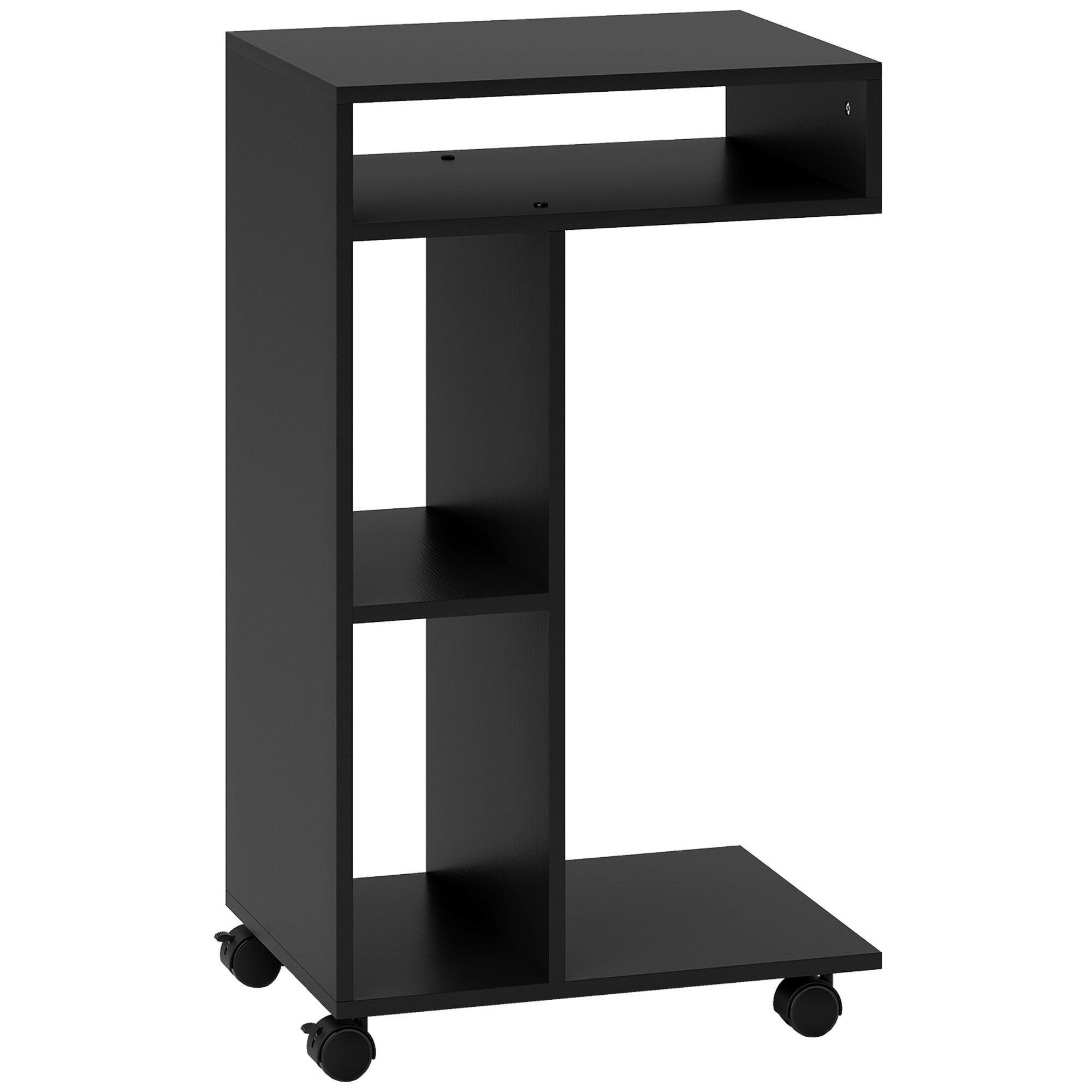 BEISTELLTISCH mit Rollen mit 4 Regalen, Sofatisch Schwarz - Schwarz, Holzwerkstoff (40/30/69cm) - HOMCOM