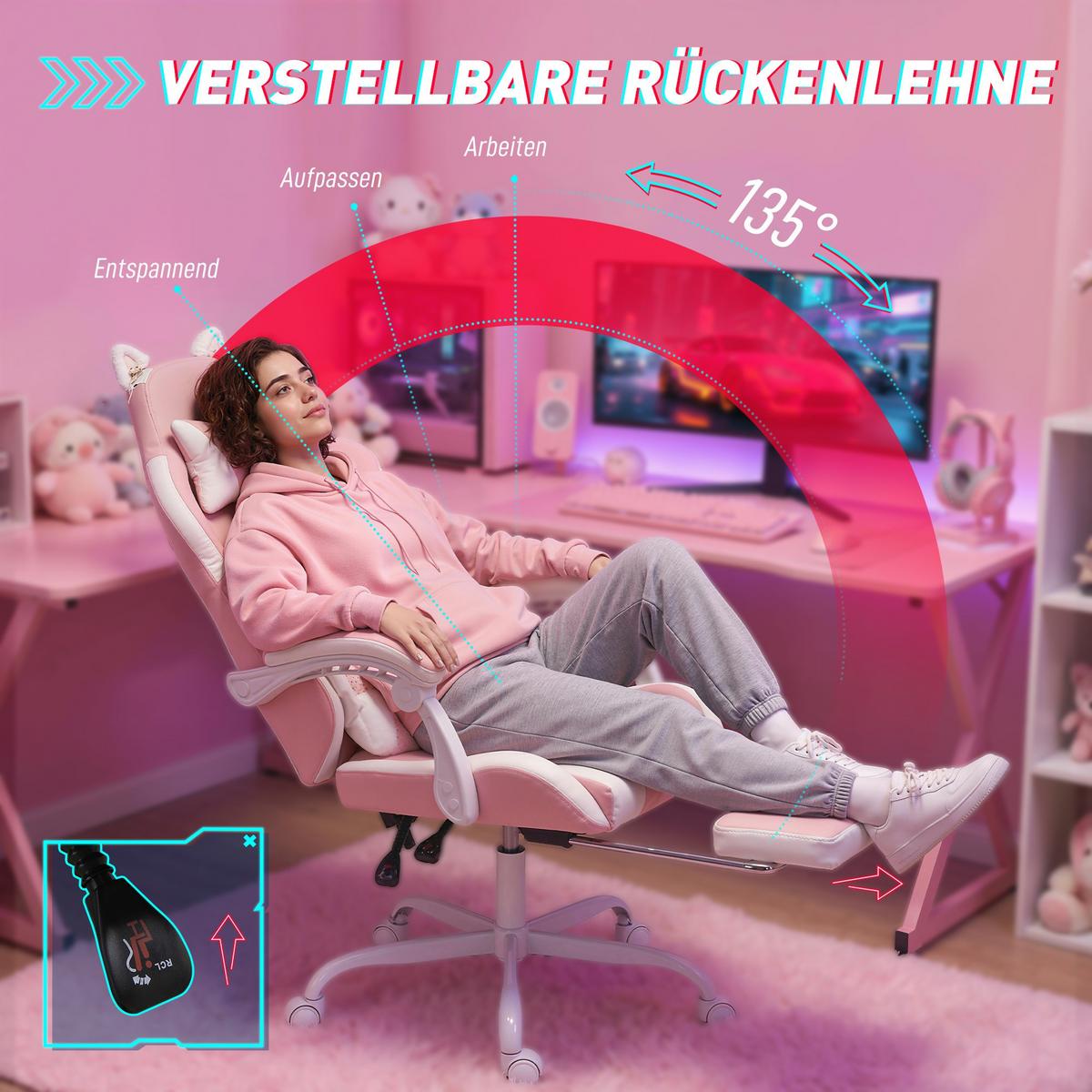 GAMING-STUHL Kunstleder Rosa - Rosa/Weiß, Kunststoff/Textil (53/128/63.5cm) - Vinsetto