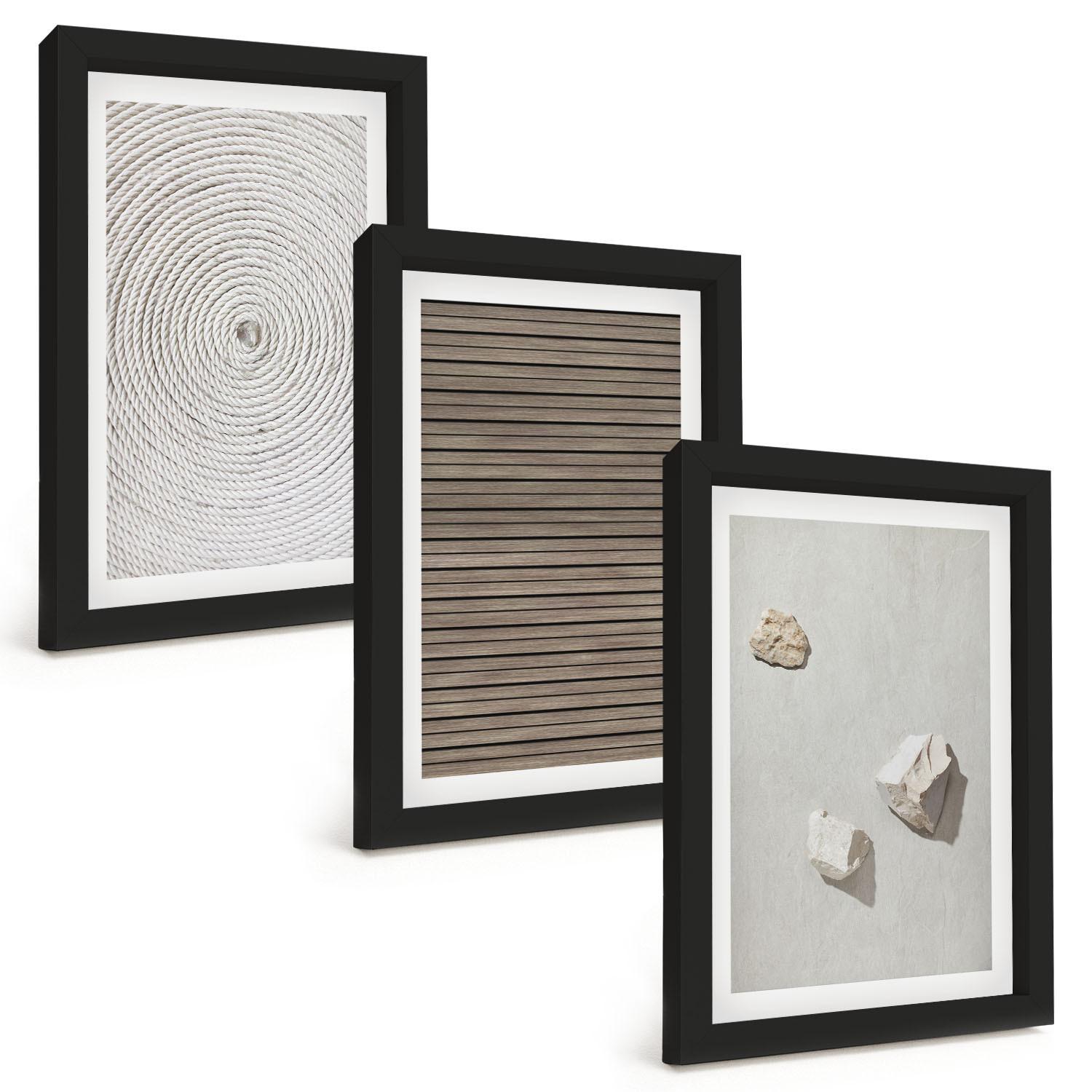 BILDER SET 3er Set - 20x30 cm Schwarzer Rahmen - Natürliche Texturen Holz Stein - Schwarz, Kunststoff (20/30cm) - TULUP