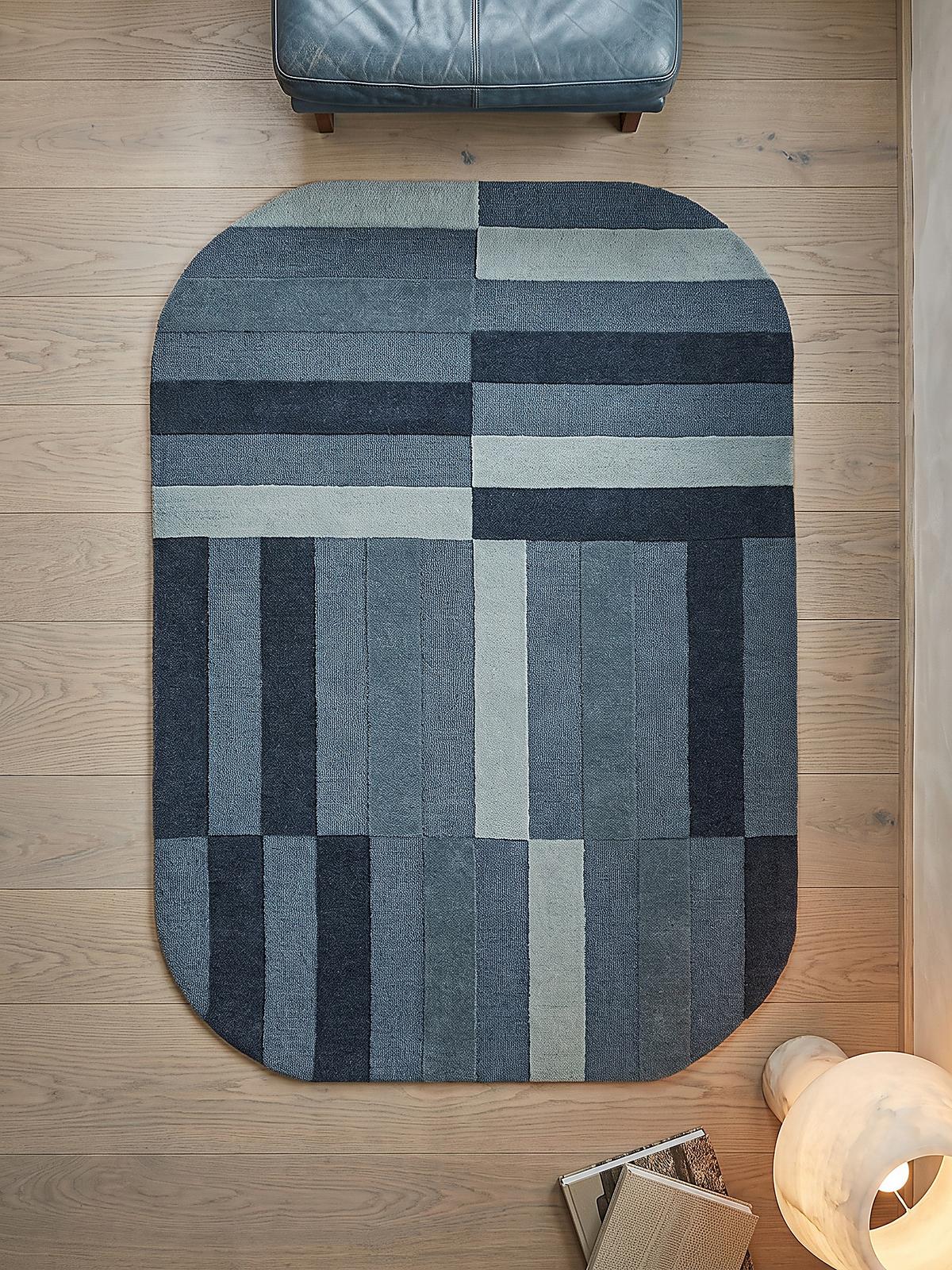 WOLLTEPPICH handgetuftet LUNAN, Blockstreifen, Blau, 140 x 200 cm - Blau, Textil (140/200cm) - KADIMA DESIGN